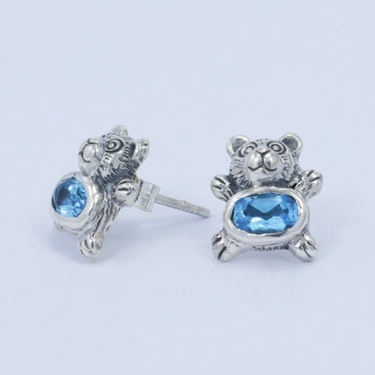 silver bear stud earrings 925 sterling silver with genuine blue topaz and antique finishing
