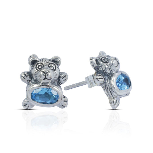 silver bear stud earrings 925 sterling silver with genuine blue topaz and antique finishing