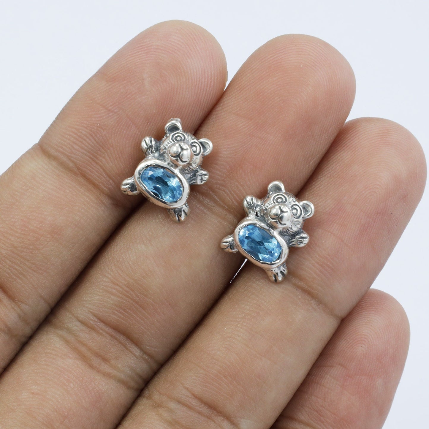 silver bear stud earrings 925 sterling silver with genuine blue topaz and antique finishing