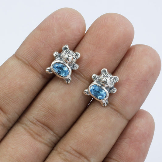 silver bear stud earrings 925 sterling silver with genuine blue topaz and antique finishing