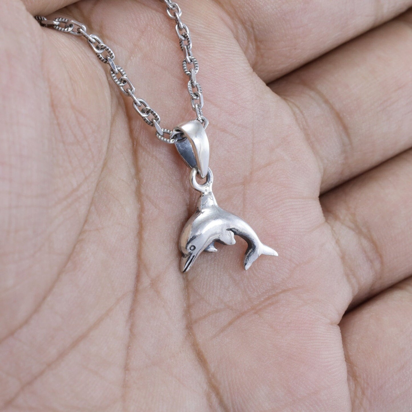 silver dolphin pendant necklace 925 sterling with high polish finishing