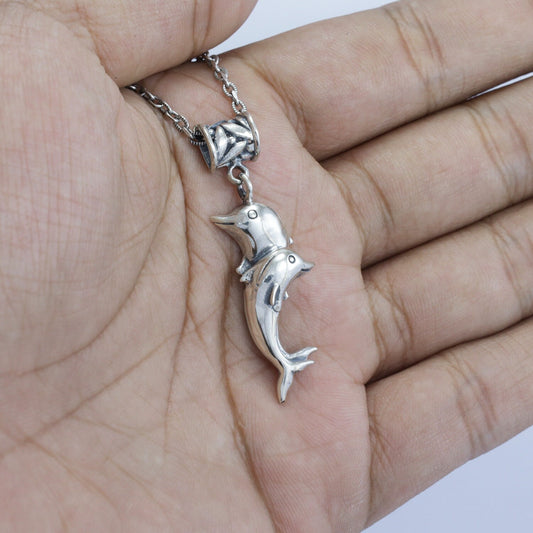 two dolphin pendant necklace 925 sterling silver decorated with rice seed ornament