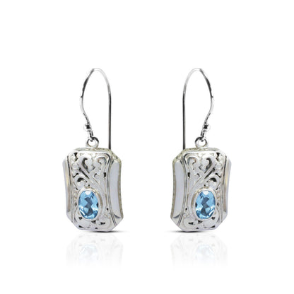 square earrings 925 sterling silver decorated with genuine blue topaz and open work filigree ornament