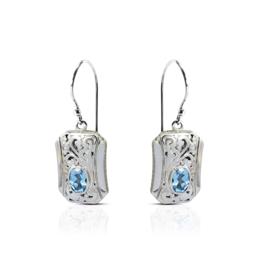 square earrings 925 sterling silver decorated with genuine blue topaz and open work filigree ornament