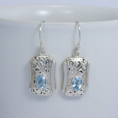 square earrings 925 sterling silver decorated with genuine blue topaz and open work filigree ornament