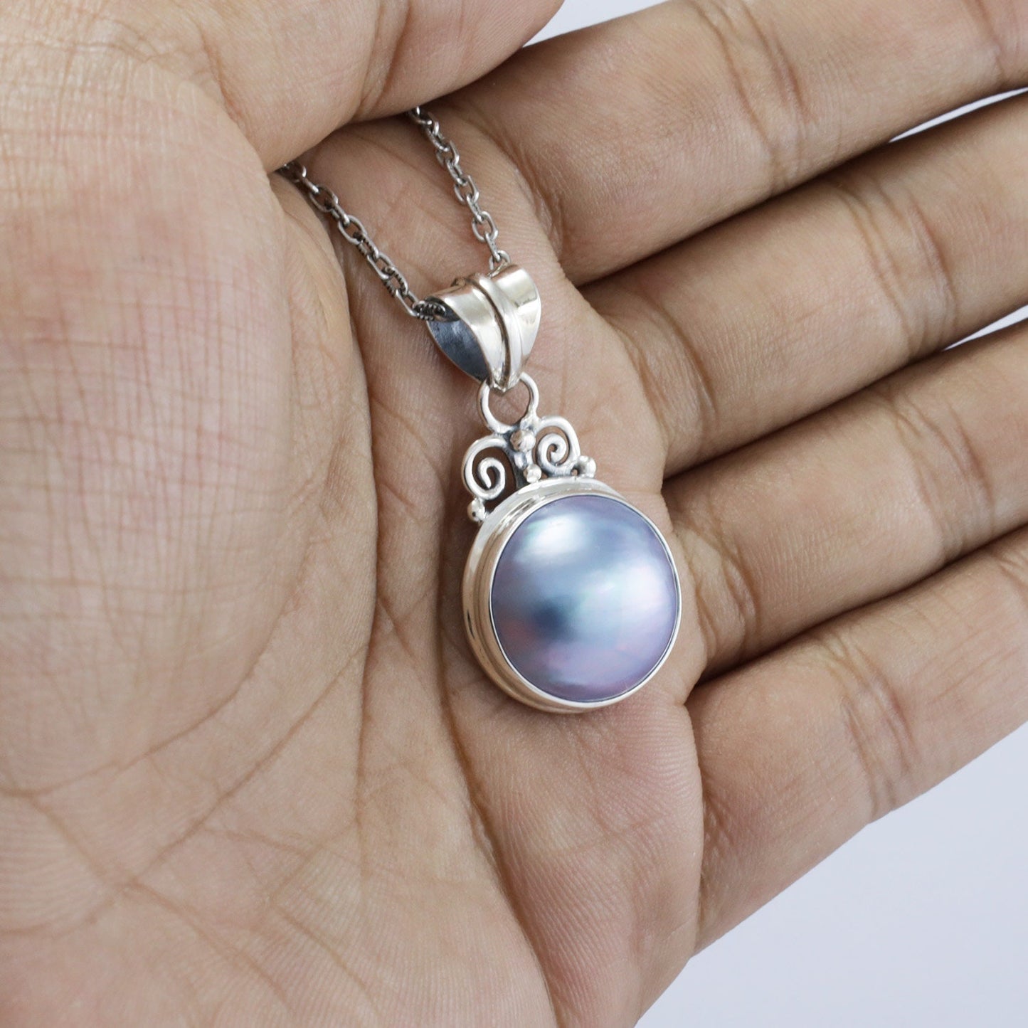 Blue mabe pearl necklace pendant set in 925 sterling silver, round mabe pendant