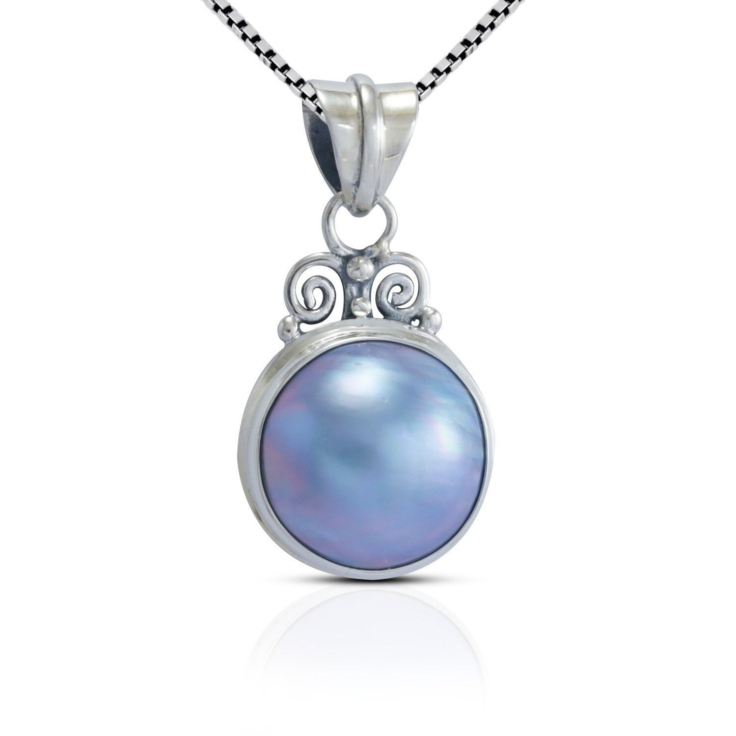 Blue mabe pearl necklace pendant set in 925 sterling silver, round mabe pendant