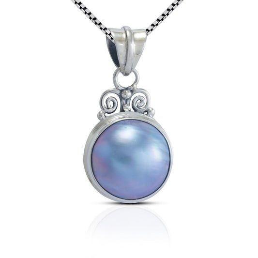 Blue mabe pearl necklace pendant set in 925 sterling silver, round mabe pendant