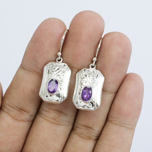genuine amethyst earrings dangle 925 sterling silver decorated with open work filigree