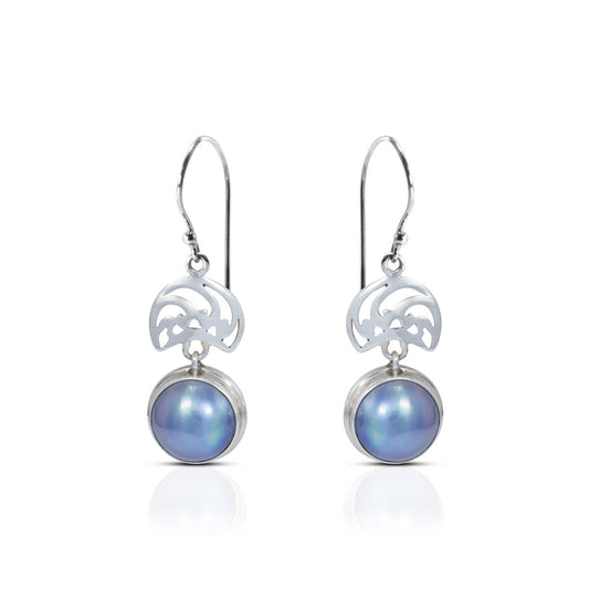 blue mabe pearl earrings set in 925 sterling silver decorated with ornament