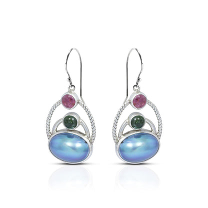 oval blue pearl earrings 925 sterling silver with genuine tourmaline