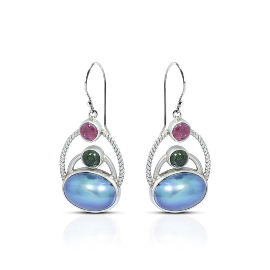 oval blue pearl earrings 925 sterling silver with genuine tourmaline