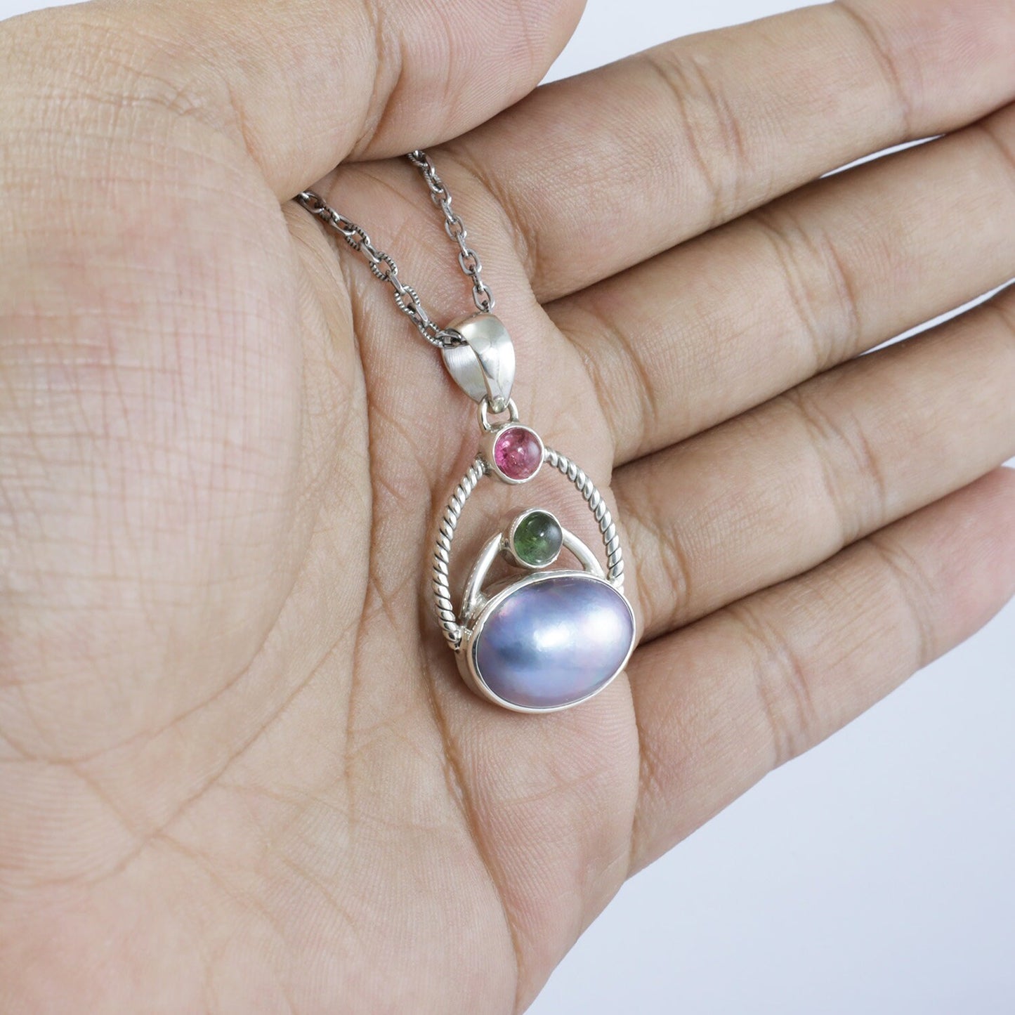 blue mabe pearl pendant necklace decorated with genuine tourmaline set in 925 sterling silver