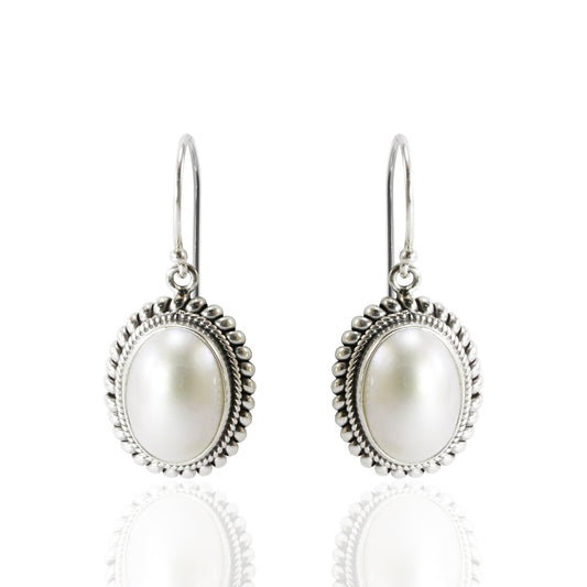 dangle drop oval mabe pearl earrings set in bezel handmade woven chain edge 925 sterling silver, oval pearl earrings