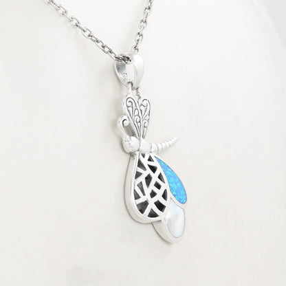 925 sterling silver dragonfly pendant with filigree ornament, created blue opal and genuine white shell