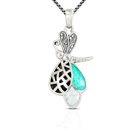 925 sterling silver dragonfly pendant with filigree ornament, created blue opal and genuine white shell