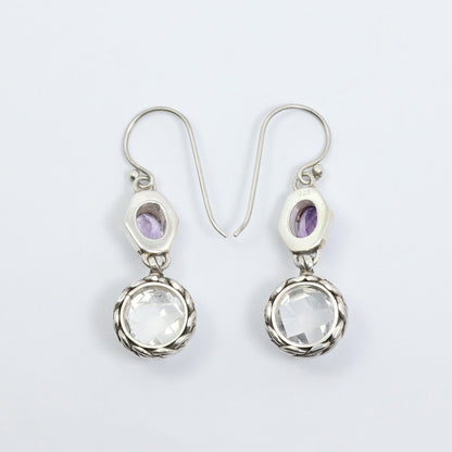 two stone earrings dangle 925 sterling silver with genuine amethyst and crystal clear decorated with woven ornament