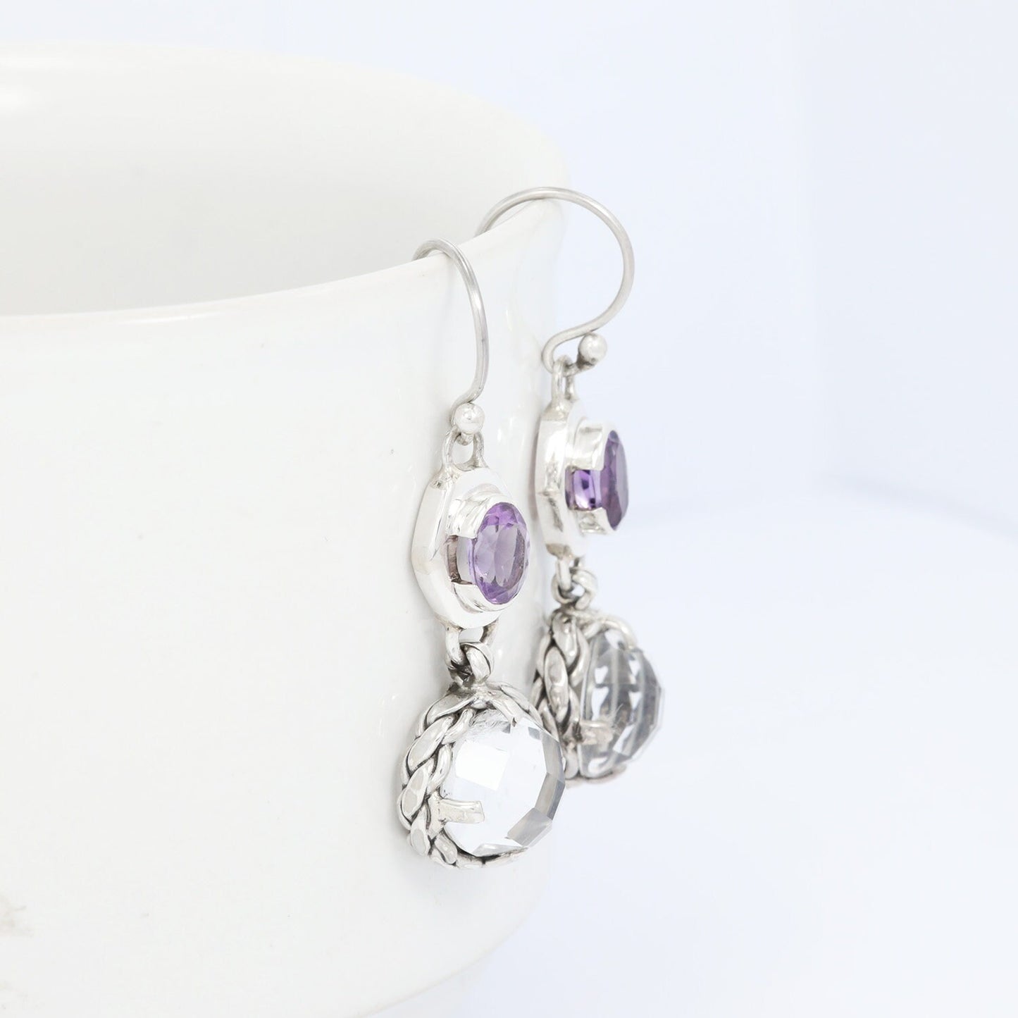 two stone earrings dangle 925 sterling silver with genuine amethyst and crystal clear decorated with woven ornament