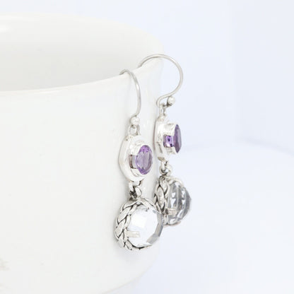 two stone earrings dangle 925 sterling silver with genuine amethyst and crystal clear decorated with woven ornament