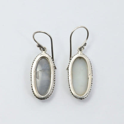 long oval earrings 925 sterling silver with genuine sparkling druzy agate decorated with dot edge ornament