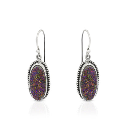 long oval earrings 925 sterling silver with genuine sparkling druzy agate decorated with dot edge ornament