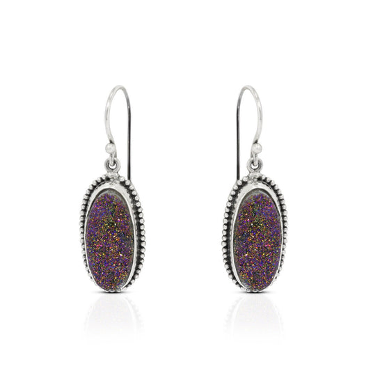 long oval earrings 925 sterling silver with genuine sparkling druzy agate decorated with dot edge ornament