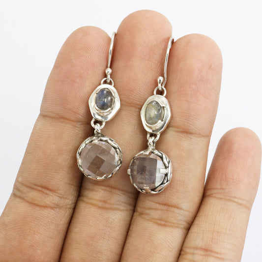 labradorite earrings 925 sterling silver with genuine white crystal and decorated with woven edge ornament
