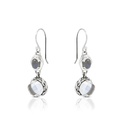 labradorite earrings 925 sterling silver with genuine white crystal and decorated with woven edge ornament
