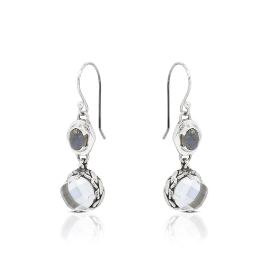 labradorite earrings 925 sterling silver with genuine white crystal and decorated with woven edge ornament