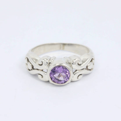 genuine amethyst ring 925 sterling silver decorated with swirl ornament