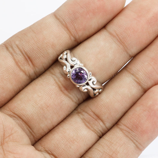 genuine amethyst ring 925 sterling silver decorated with swirl ornament