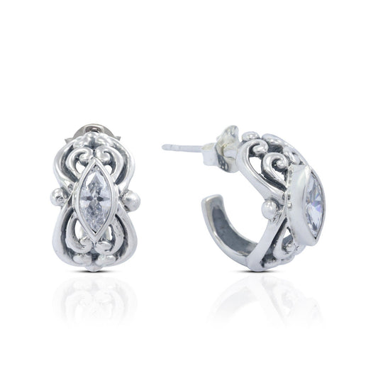 huggie earrings stud 925 sterling silver with white zirconia decorated with swirl filigree