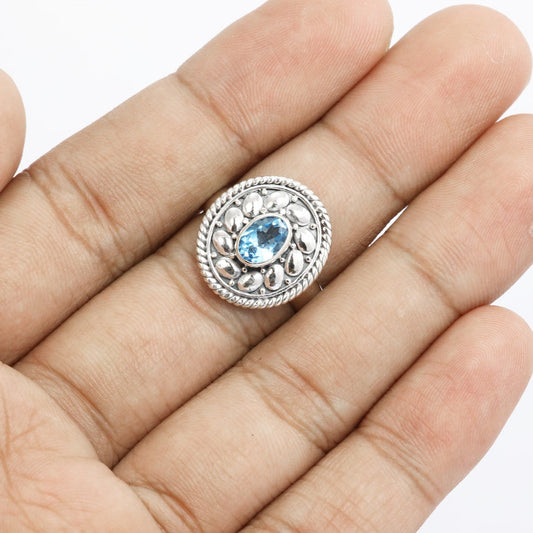 Swiss blue topaz ring 925 sterling silver decorated with Bali legacy ornament