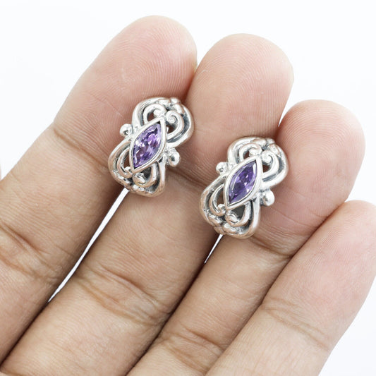 925 sterling silver huggie earrings hoop with genuine amethyst zirconia and swirl filigree ornament