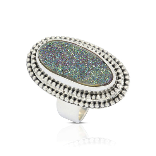 long oval ring 925 sterling silver with genuine sparkling druzy agate