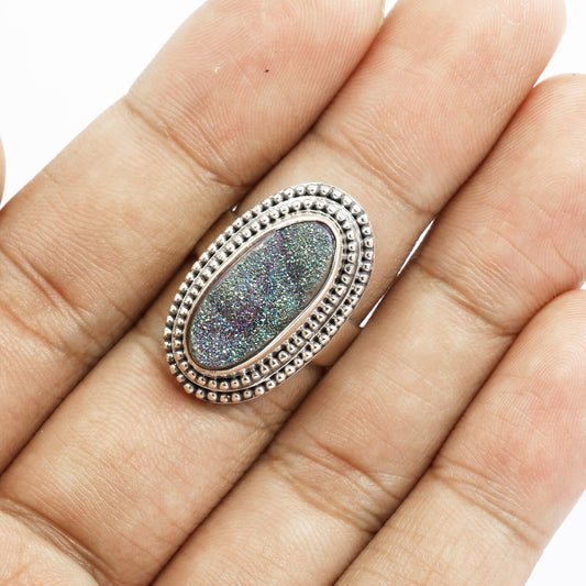 long oval ring 925 sterling silver with genuine sparkling druzy agate