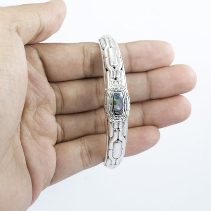 925 sterling silver hinged cuff bangle  decorated with antique filigree ornament and genuine abalone shell