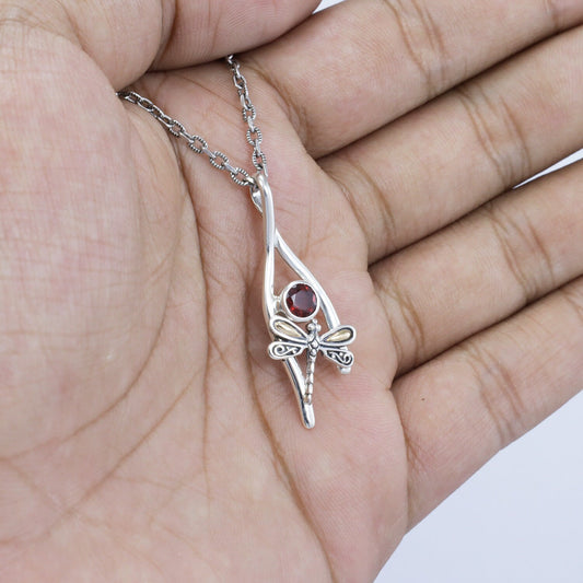 Wishbone pendant necklace 925 sterling silver with genuine red garnet and beautiful dragonfly ornament 18K yellow gold