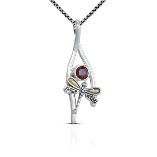 Wishbone pendant necklace 925 sterling silver with genuine red garnet and beautiful dragonfly ornament 18K yellow gold