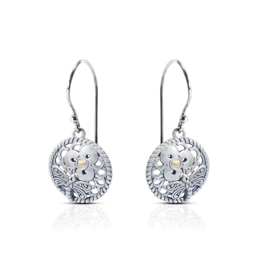flower earrings 925 sterling silver with 18K yellow gold and dragonfly ornament art