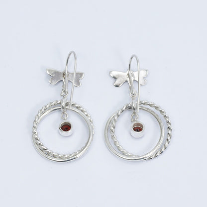 circle earrings 925 sterling silver with genuine garnet and dragonfly hoop