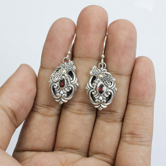 natural red garnet earrings 925 sterling silver and 18K yellow gold decorated with dragonfly ornament and bali legacy ornament