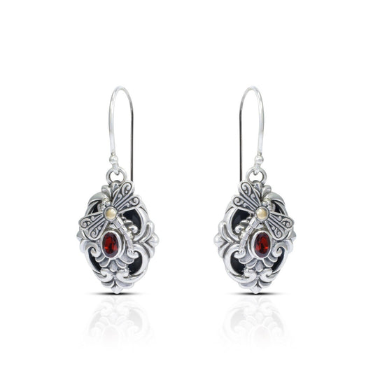 natural red garnet earrings 925 sterling silver and 18K yellow gold decorated with dragonfly ornament and bali legacy ornament
