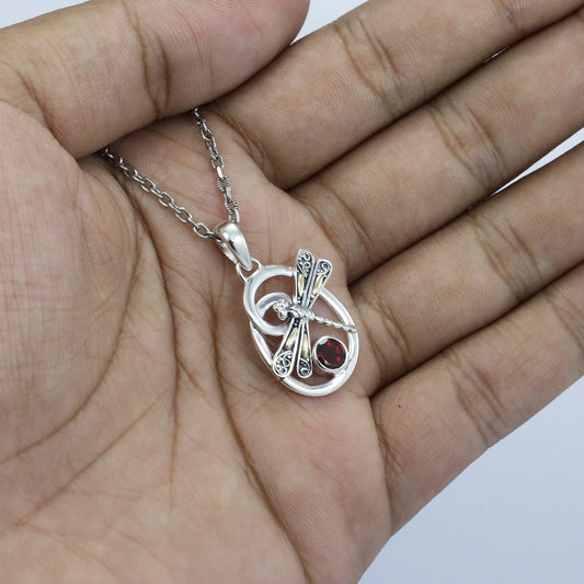 red garnet pendant necklace 925 sterling silver with two tone dragonfly ornament 18K yellow gold wings
