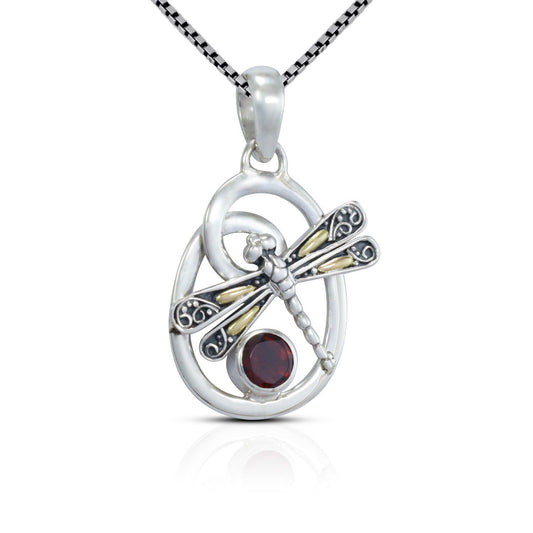 red garnet pendant necklace 925 sterling silver with two tone dragonfly ornament 18K yellow gold wings