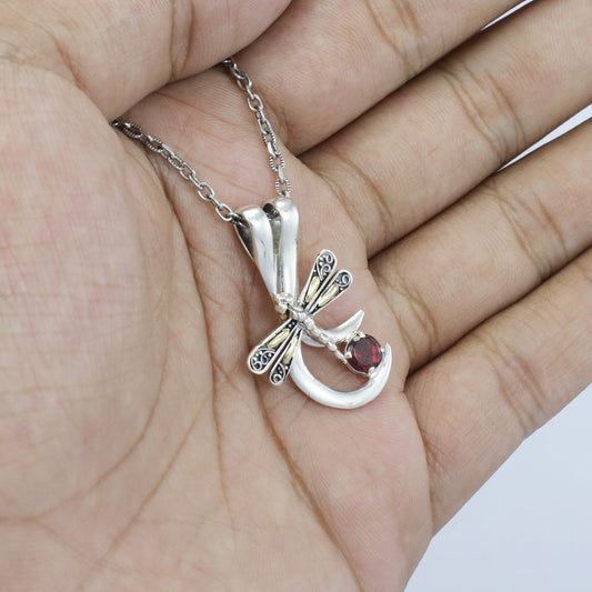 dragonfly pendant necklace 925 sterling silver and 18K yellow gold with genuine red garnet