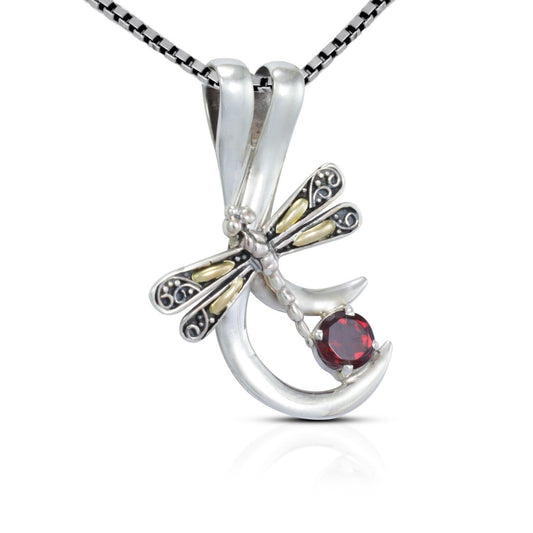dragonfly pendant necklace 925 sterling silver and 18K yellow gold with genuine red garnet