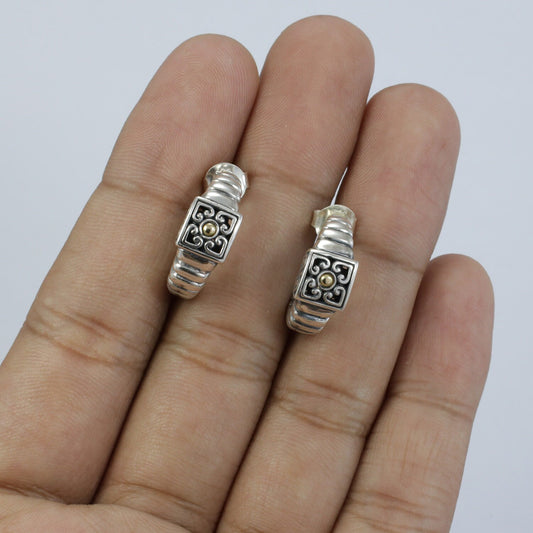 925 sterling silver hoop earrings decorated with flower filigree and 18K yellow gold dot