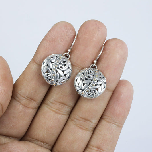Round earrings 925 sterling silver and 18K yellow gold with beginning of life ornament seed and filigree