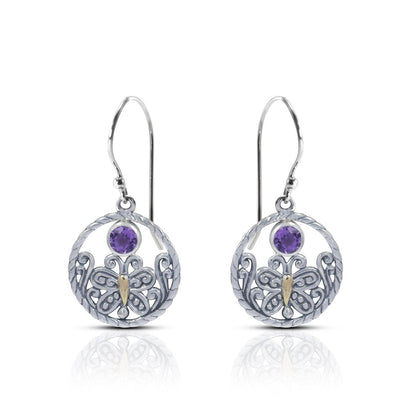 butterfly earrings 925 sterling silver with 18K yellow gold and genuine amethyst decorated with open work filigree